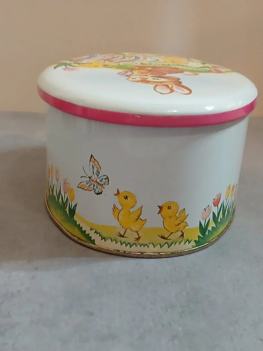 Vintage Colorful Bunny & Chicks Tin Made by DAHER in England